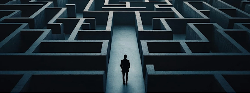 Silhouette of a person standing at the entrance of a massive, dark concrete labyrinth.
