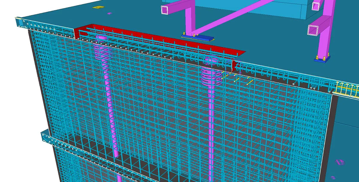 3D model of a concrete structure with visible rebar and structural components.