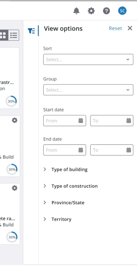 View options screen with fields for sort, group, start and end dates, and types of building, construction, province, and territory.