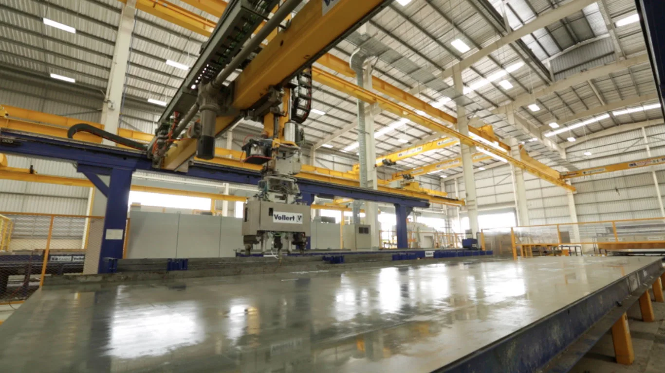 Automated concrete manufacturing process in a modern factory.