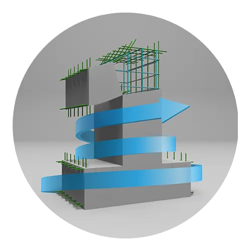 Circular infographic. A precast number 1 with clashing rebar and arrow spiralling around it