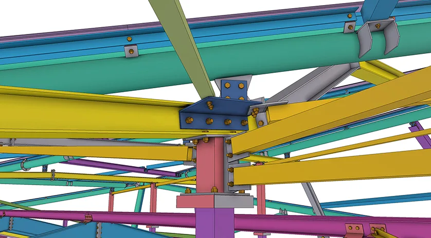 A 3D rendering of a complex steel structure with beams of various colors.