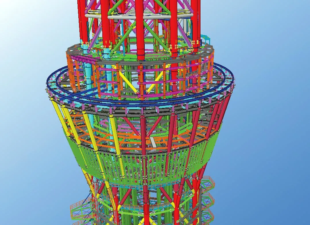 A 3D rendering of the Tokyo Skytree's steel structure, with colorful beams and supports against a bright blue background.