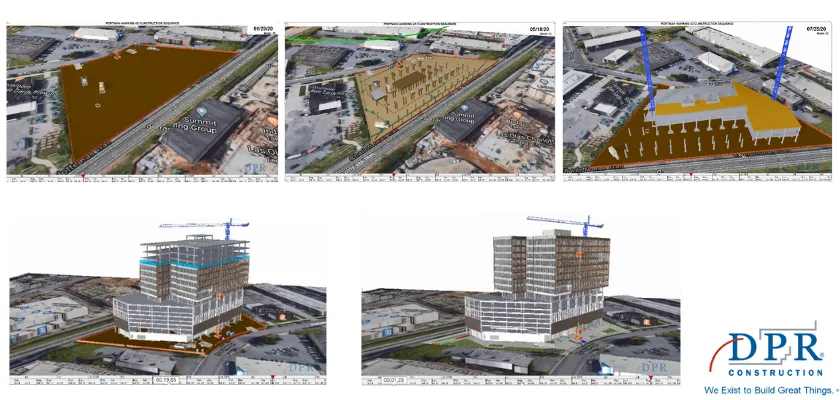3D rendering showing the construction progress of a building, from initial site preparation to near completion.