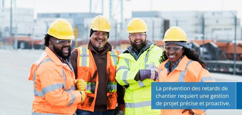 Four construction workers in hard hats and high-visibility vests smile and laugh together.