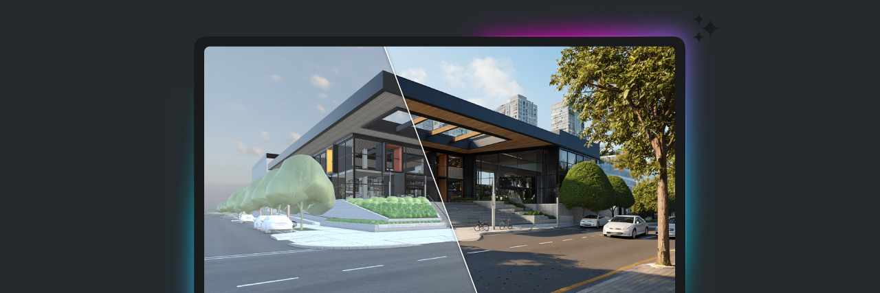 Split-screen view of a modern structure showing a 3D model and a photorealistic architectural render created with AI tools.
