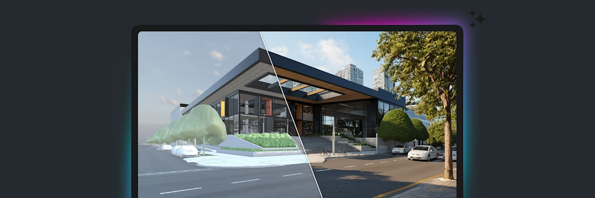 Split-screen view of a modern structure showing a 3D model and a photorealistic architectural render created with AI tools.