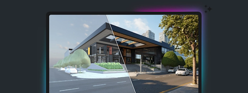 Split-screen view of a modern structure showing a 3D model and a photorealistic architectural render created with AI tools.