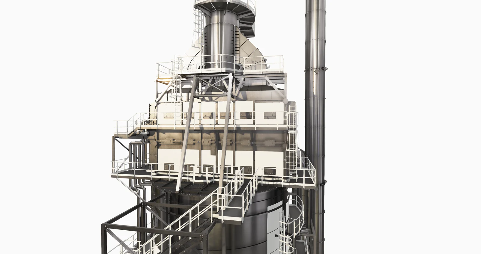 A detailed 3D render of an industrial facility with complex piping, platforms, and a tall smokestack against a white background.