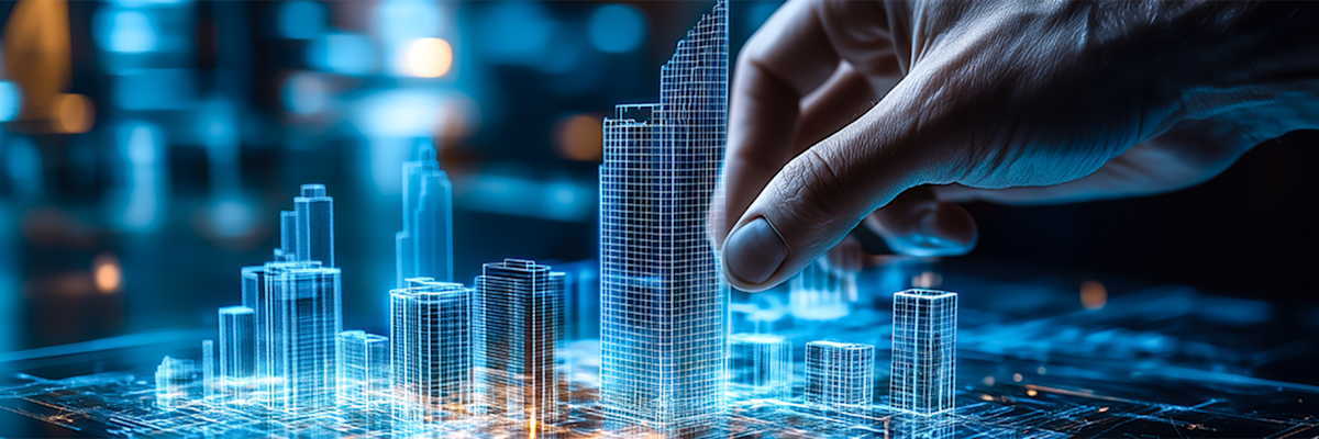 Hand interacting with a digital hologram of a cityscape