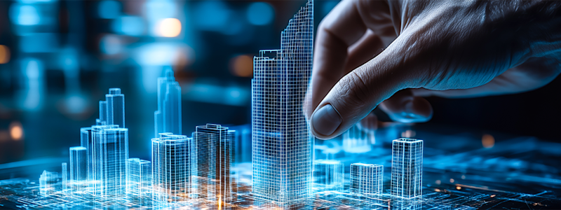 Hand interacting with a digital hologram of a cityscape