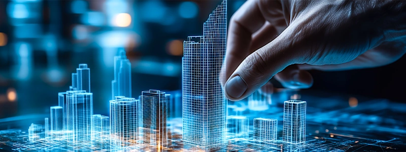 Hand interacting with a digital hologram of a cityscape