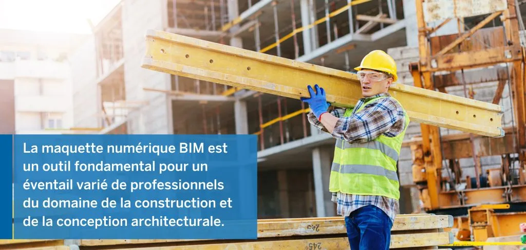 Construction worker in a hard hat and safety vest carrying a wooden beam on his shoulder at a construction site.