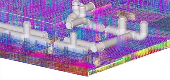 3D model of a plumbing system with white pipes and fittings on a colorful, pixelated background.