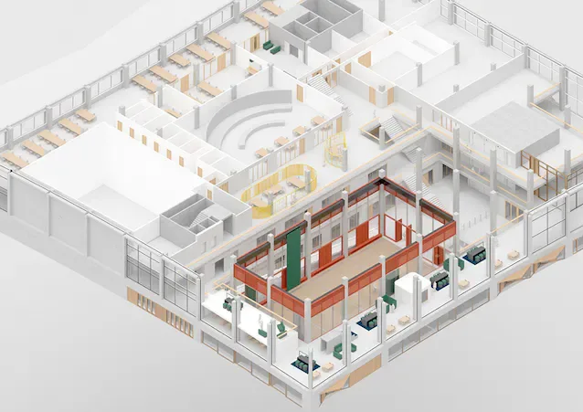 Isometric view of a modern office building's interior with multiple floors, showing collaborative workspaces, meeting rooms, and open areas.