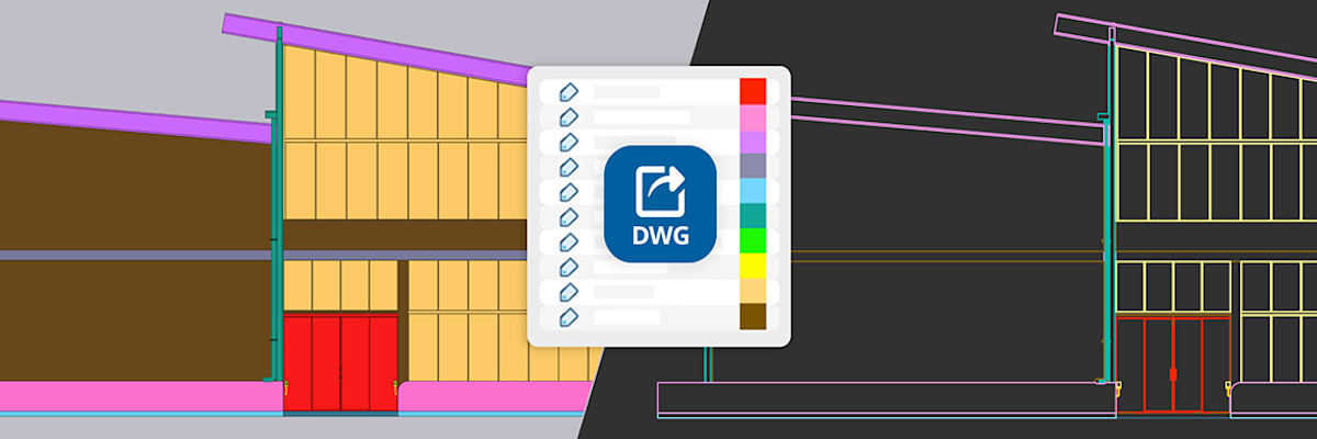 CAD building elevation in light and dark themes with DWG export icon and layer color palette.