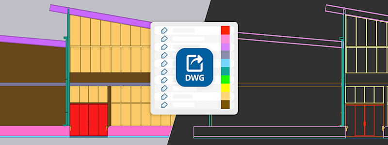 CAD building elevation in light and dark themes with DWG export icon and layer color palette.