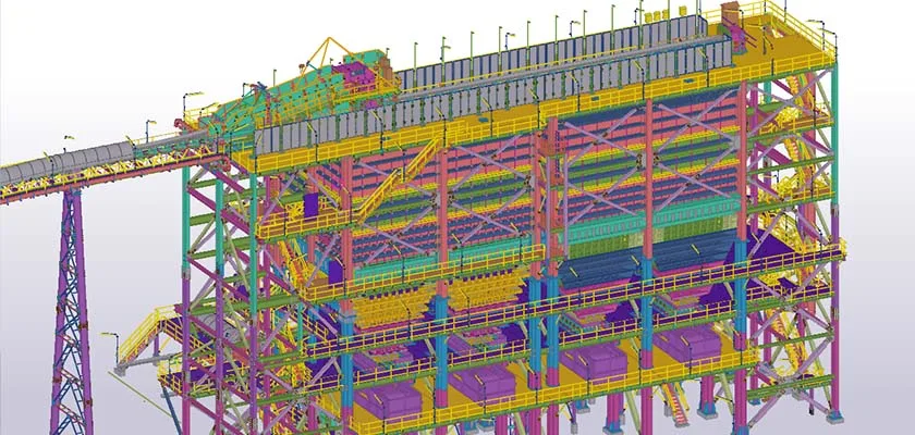 A colorful 3D rendering of an industrial plant's structural framework and conveyor system.