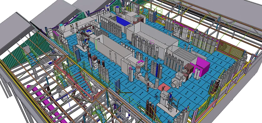 3D rendering of a manufacturing facility layout showing machinery, pipework, and structural elements.