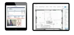 Screenshots of two tablets displaying project management software, one with a report and photos, the other with a floor plan.