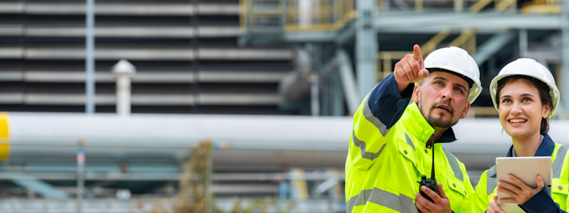 Two workers in safety gear discussing at an industrial site.