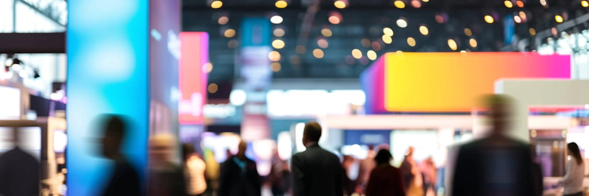 A blurred panoramic view of a busy event hall featuring colorful light displays and crowds.