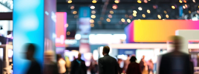 A blurred panoramic view of a busy event hall featuring colorful light displays and crowds.