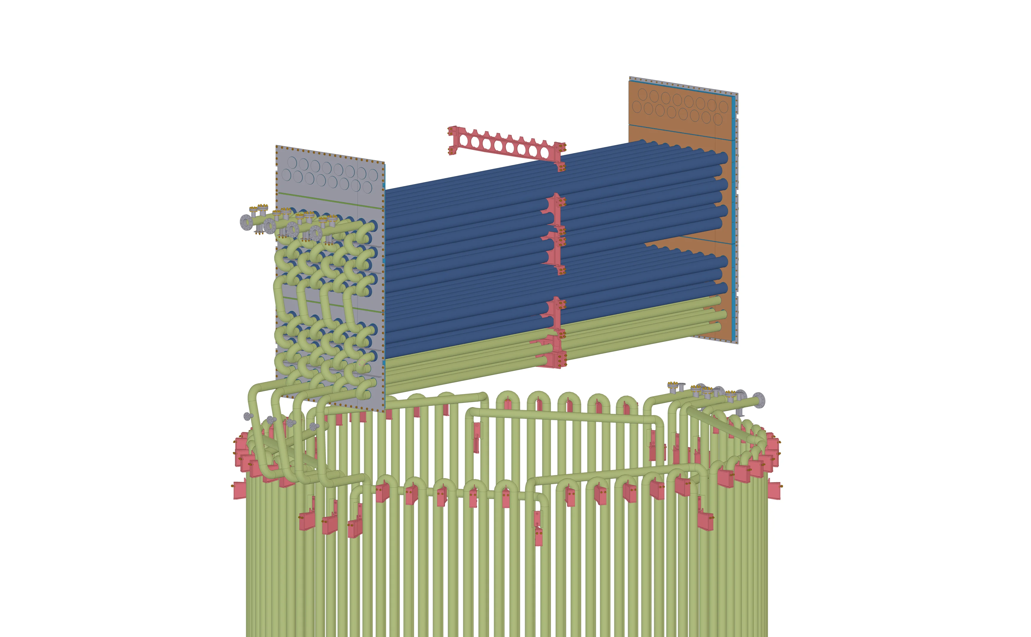 A 3D rendering of a heat exchanger coil system.