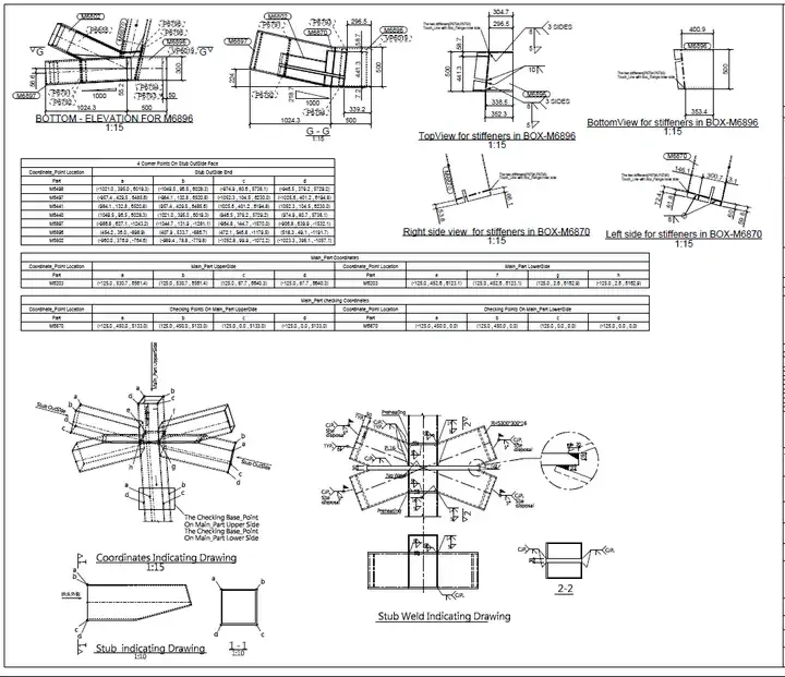 Blueprint showing technical drawings for a structural component, including elevations, side views, coordinate tables, and stub weld indications.