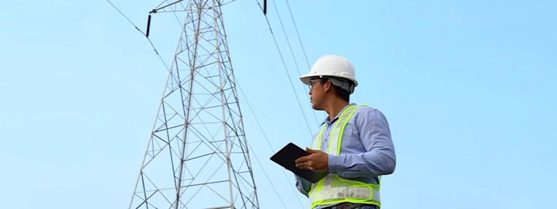 Engineer in white hard hat and yellow vest holds tablet near high-voltage power transmission tower under blue sky.