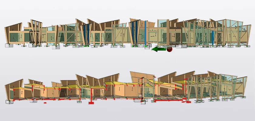 The Hux Shard model showing the primary building frame consisting of 282 glulam timbers