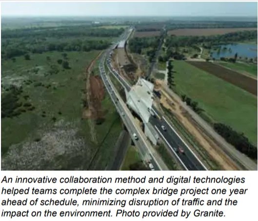 Aerial view of a complex bridge construction project on a highway.