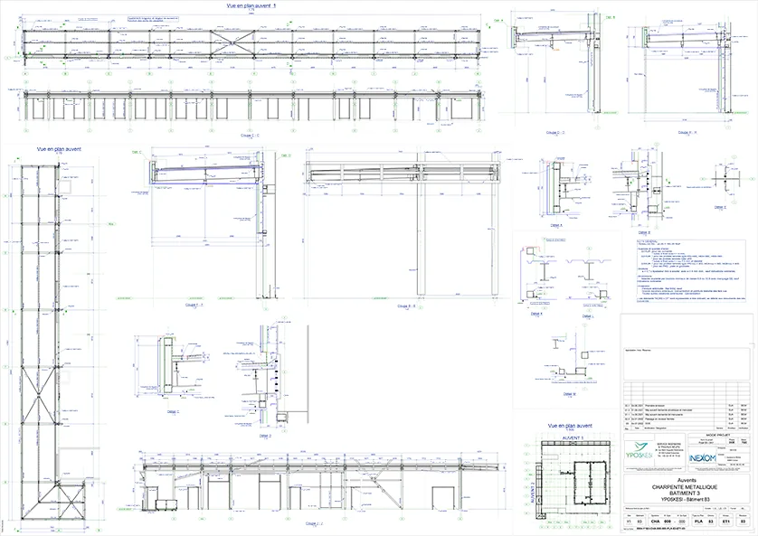 Blueprint of a metal structure for a building, showing different views and detailed technical specifications.