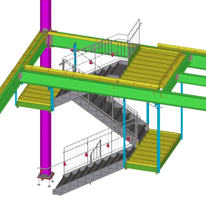 3D model rendering of a steel structure with stairs, yellow decking, and green beams.