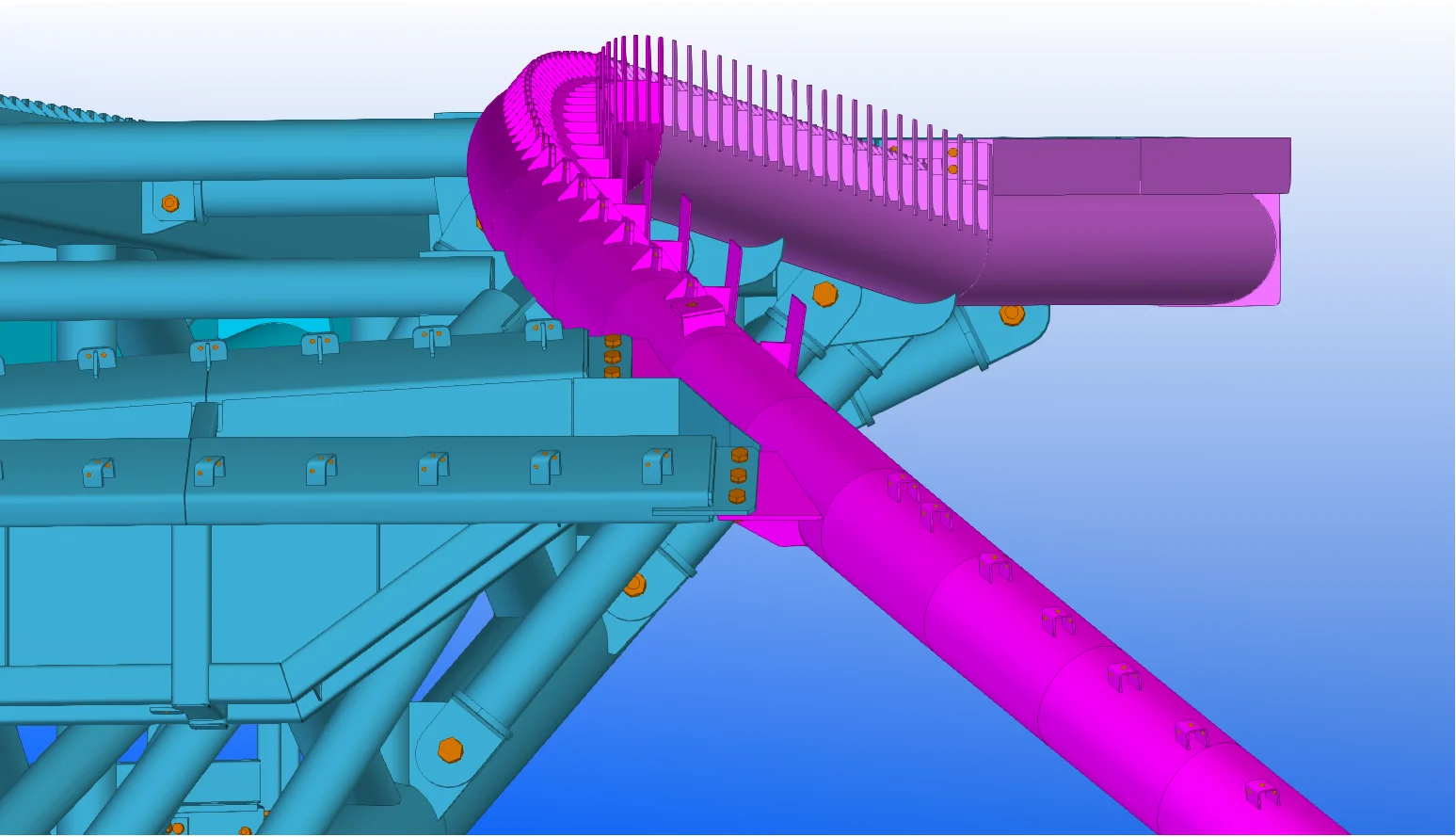 A 3D render shows a complex blue mechanical structure with a prominent curved pink pipe emerging from it at an angle.