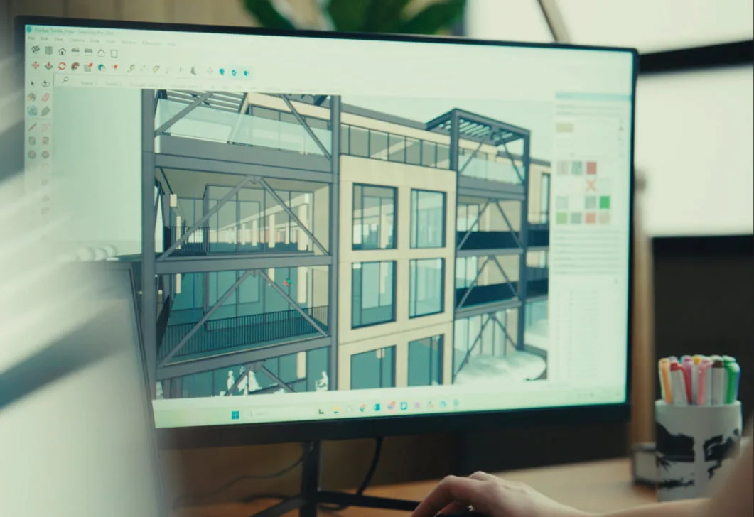 Computer screen shows a SketchUp model of a large windowed building.