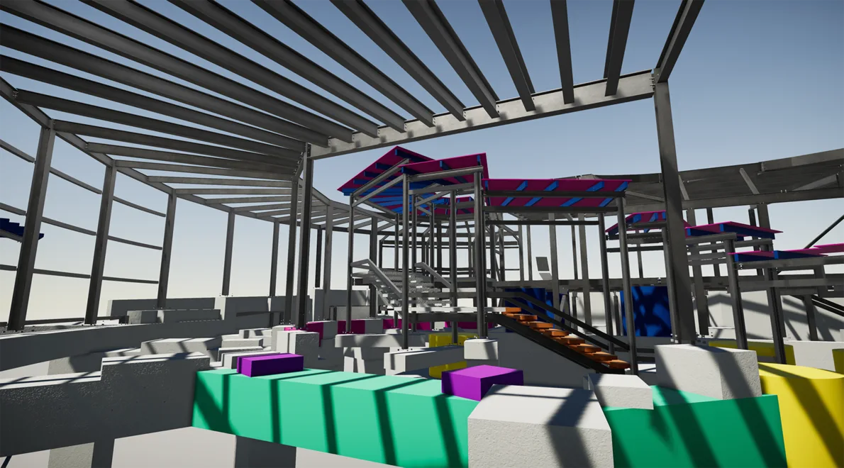 Tekla 3D visualization of a modern building construction with a steel frame, concrete base, and colorful accents.
