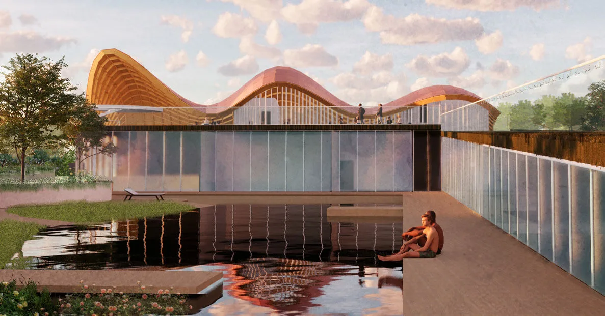 Modern building with wavy roof reflected in pool, two people sitting on deck.