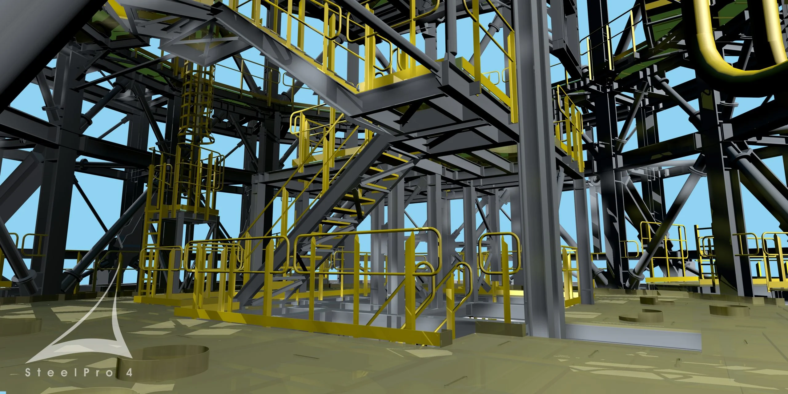 3D rendering of an industrial structure with metal platforms, staircases, and yellow safety railings.