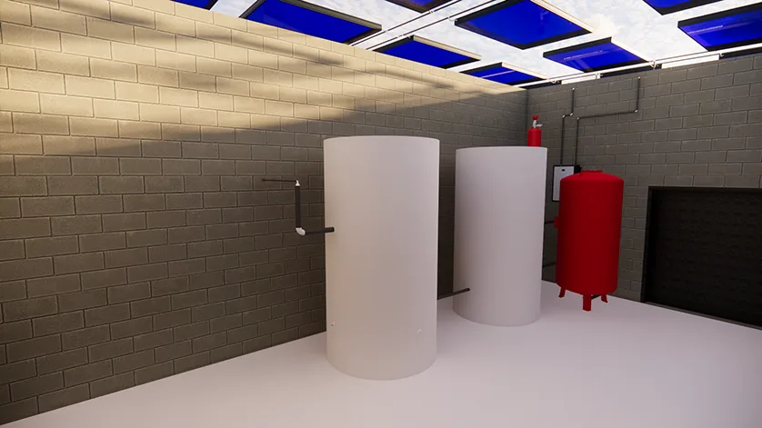 A 3D rendering of a utility room with two large white cylindrical tanks, a red pressure tank, and a fire extinguisher.