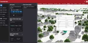 Screenshot of a 3D urban planning software interface showing a work order creation screen with a detailed map view.