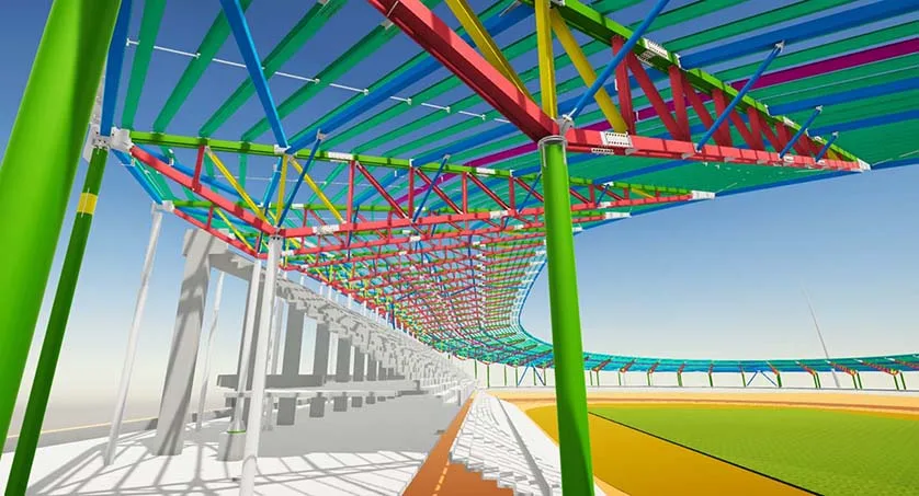 A colorful architectural rendering of a stadium's roof structure, showcasing a complex web of beams and supports, against a clear blue sky.