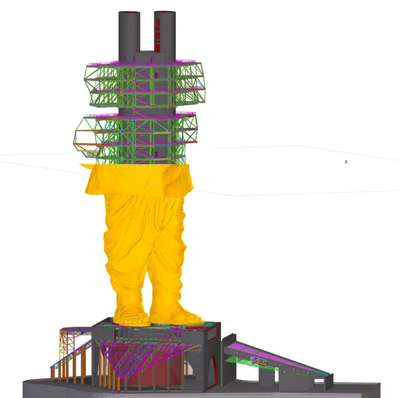 3D rendering of the Statue of Unity under construction, showing the steel framework and the beginning of the outer covering.