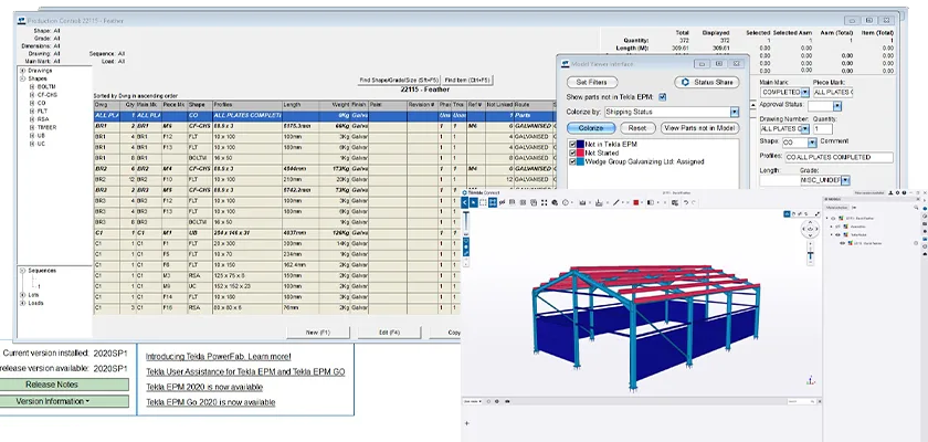 The image displays a split screen showing production control software on the left and a 3D model of a steel structure on the right.