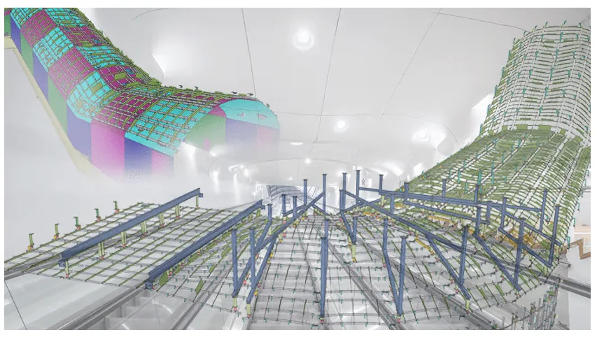 3D rendering of a complex architectural structure with a grid-like facade and blue support beams, suggesting advanced construction or design.