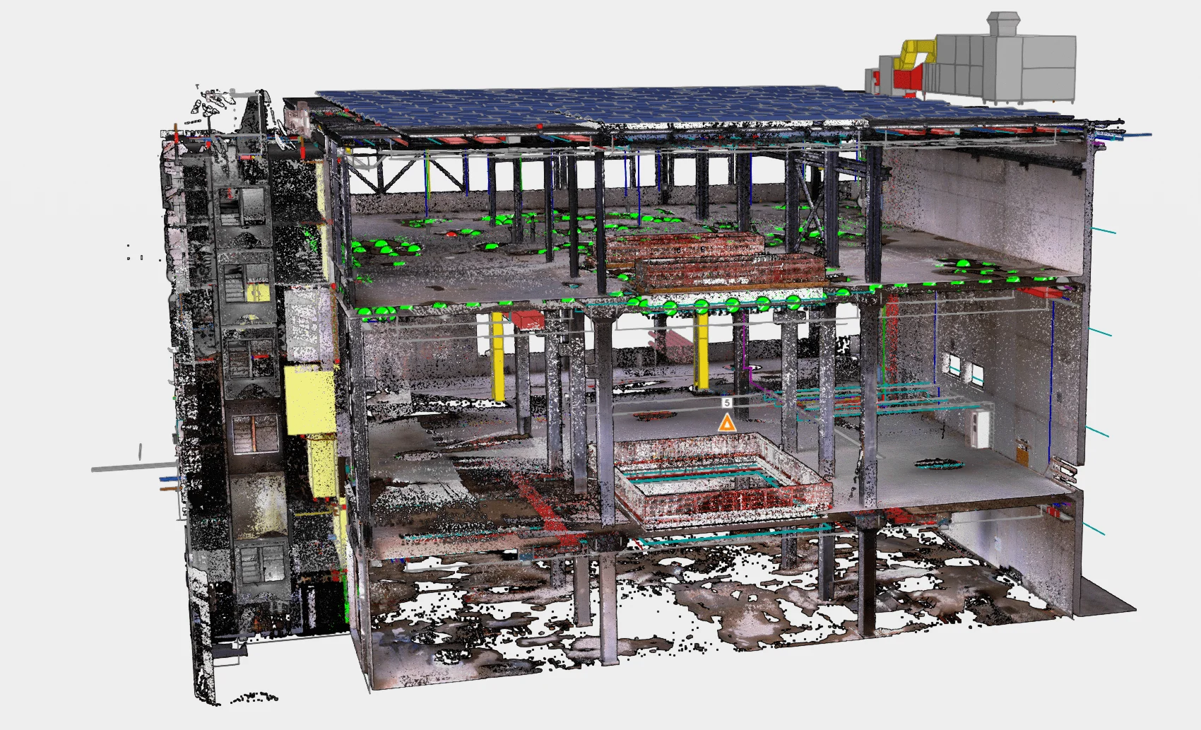 3D scan of a building showing structural elements, solar panels, and construction details.