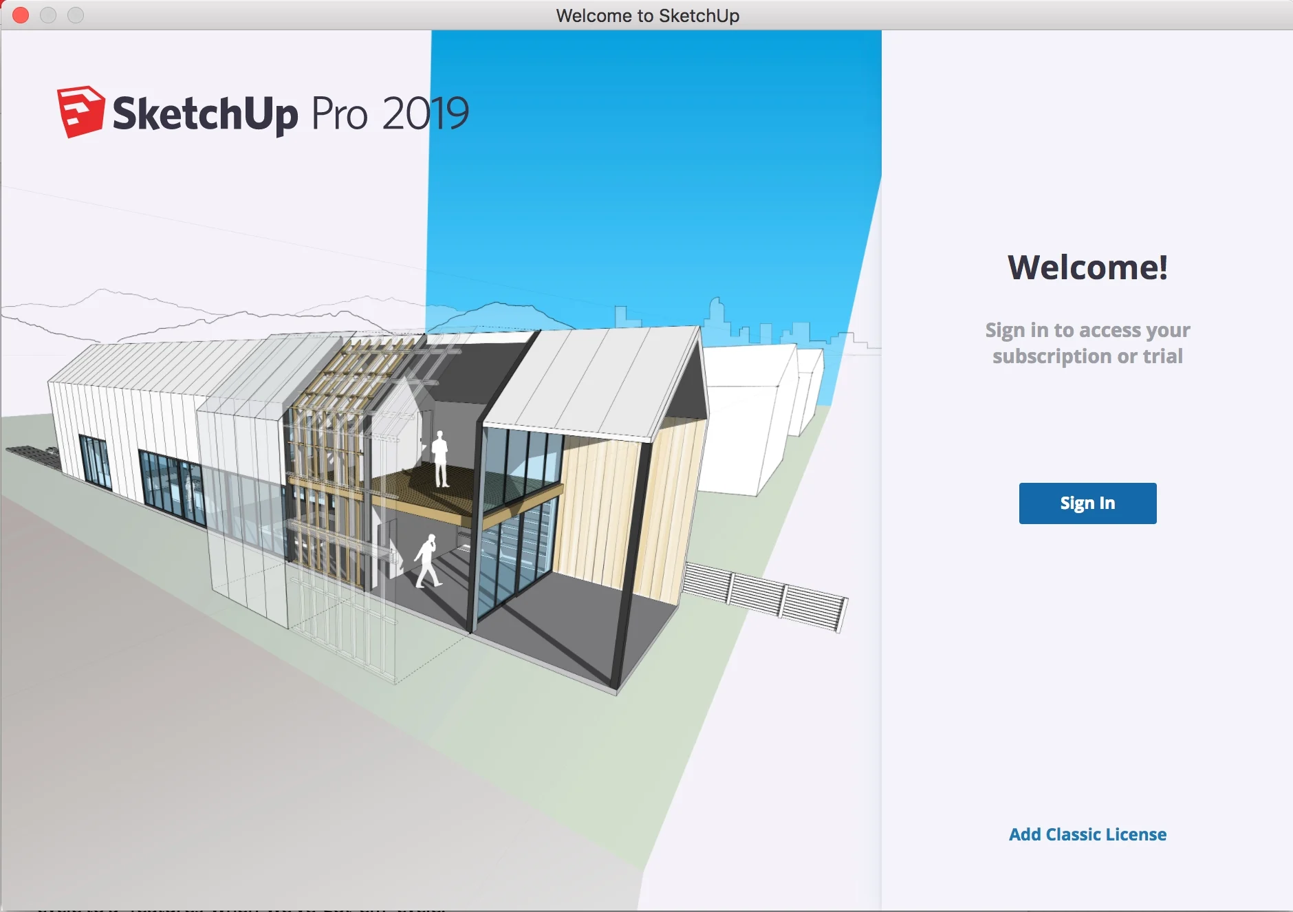 SketchUp Pro 2019 welcome screen with a 3D architectural model of a house.