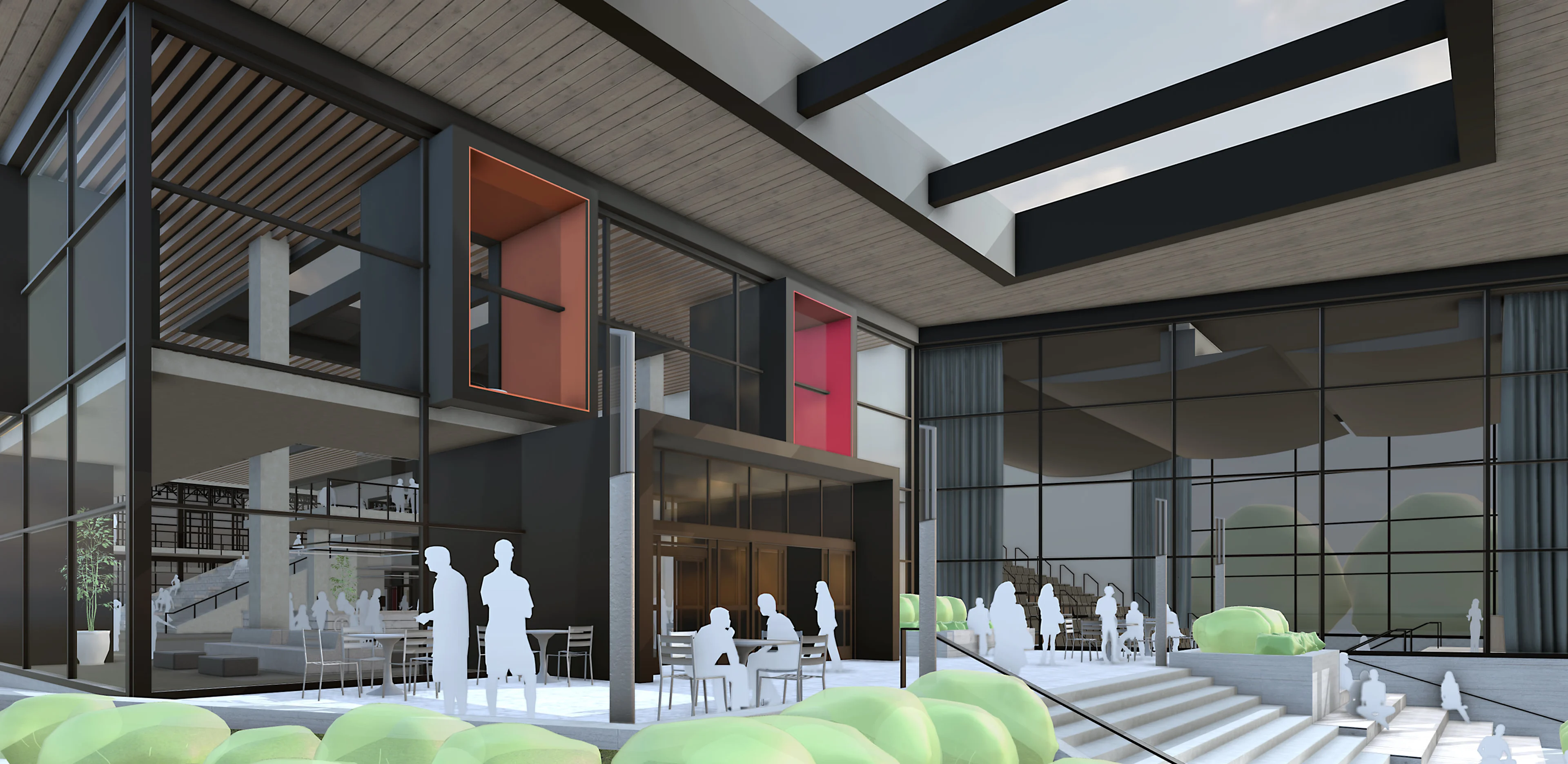 SketchUp 模型展示现代社区中心外观，大面积玻璃幕墙设计，建筑周边有人物模型。