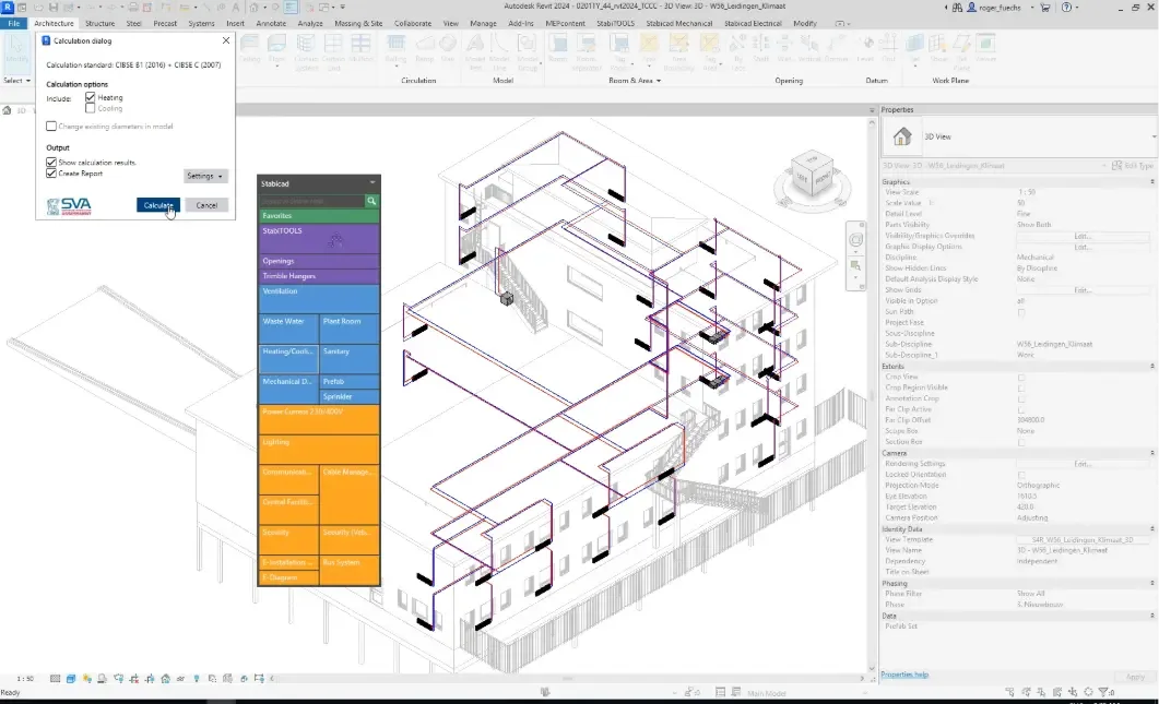 Stabicad for Revit interface showing heating and cooling calculations on a 3D building model.