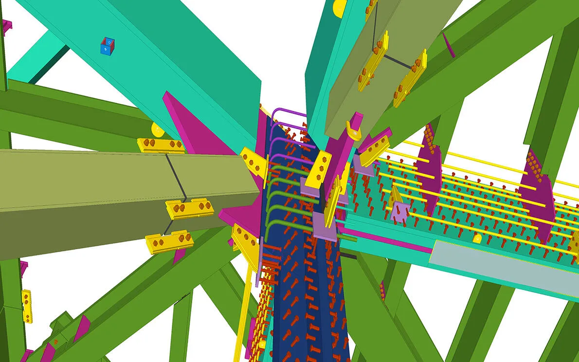 Tekla 3D rendering of a complex structural joint, showcasing beams, bolts, and connectors in various colors.